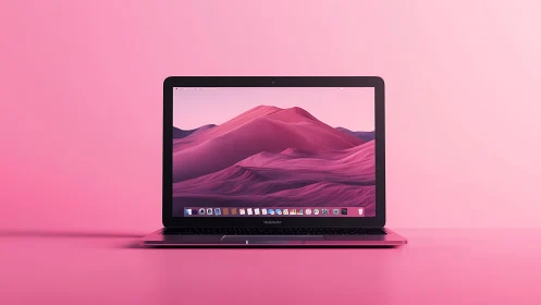 Rose quartz laptop altar glowing with candy-pink dunes.