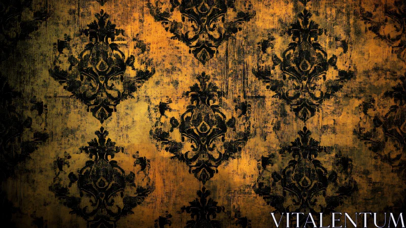 Vintage damask wallpaper with warm golden patina glow.