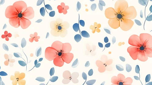 Watercolor Floral Pattern with Pink, Peach, and Blue Blooms