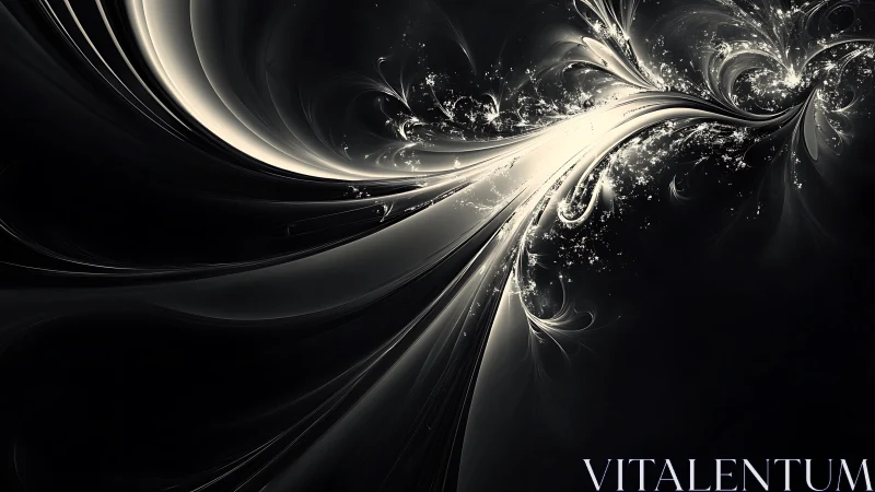 Monochrome fractal waveforms form luminous swirling filigree arcs