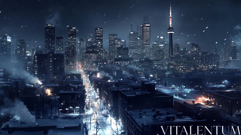Snowy night cityscape glows under towering skyline lights.