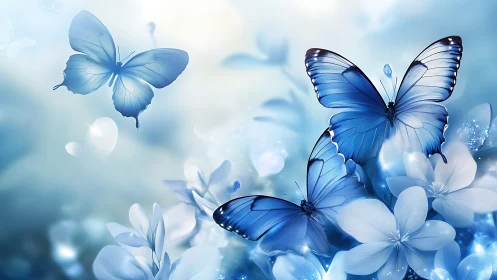 Iridescent blue butterflies over soft-focus pastel blossoms