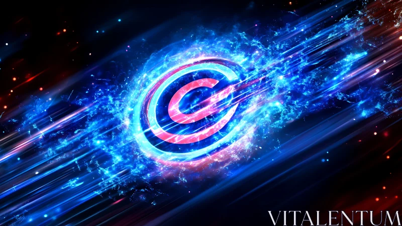Circular copyright symbol is rendered within dynamic blue light