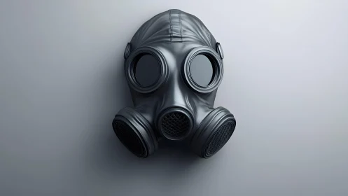 Realistic black gas mask on neutral background, dramatic lighting.