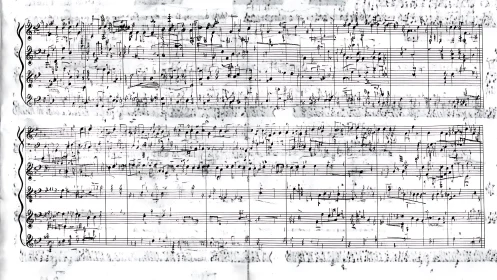 Dense polyphonic orchestral score with handwritten editorial markings
