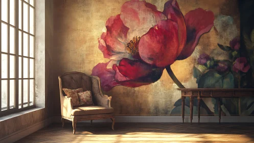 Sunlit reading nook wrapped in bold blooming florals.