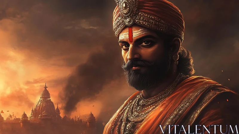 Regal warrior king stands before burning ancient temple city