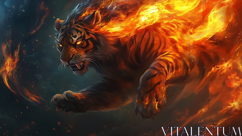 Inferno tiger leaps through stormlit embers and shadowed sky.