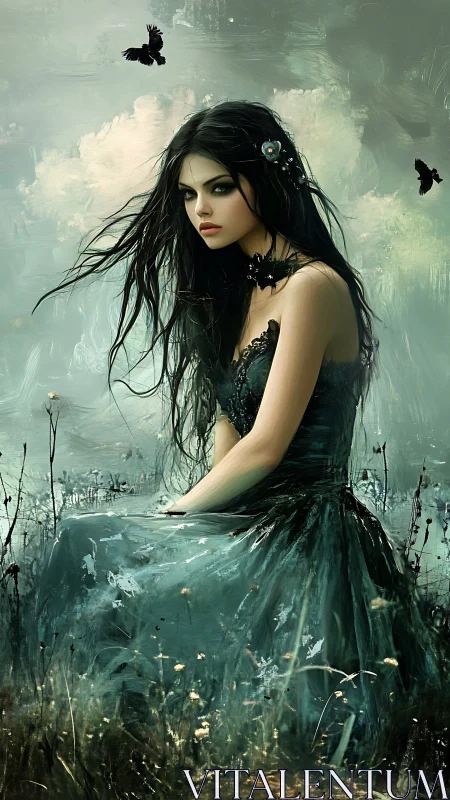 Melancholic raven-haired woman in teal gown within misty field