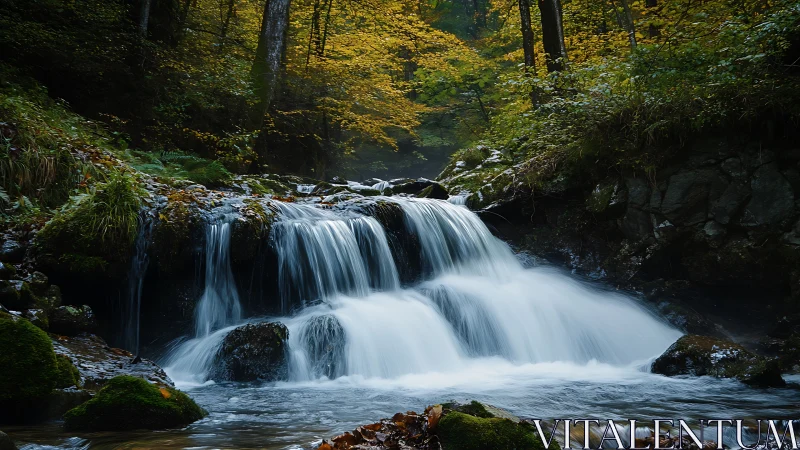 Gentle forest waterfall tumbles over mossy rocks in autumn