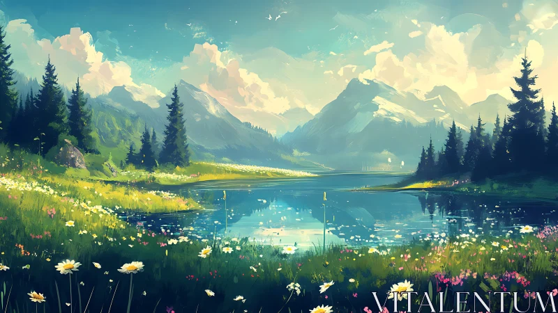 Sunlit mountain lake cradled by wildflowers and tall pines.