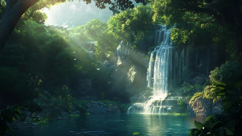 Sunlit jungle waterfall inviting quiet moments of wonder.