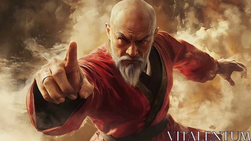 Dynamic martial arts master in forward thrust pose, vapor cloud backdrop.