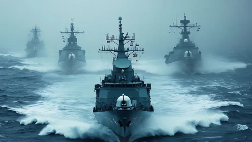 Warships advance in tight formation through stormy seas.