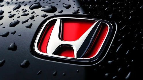 Car emblem on red background shows chrome detail and droplets