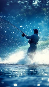 Angler stands in splashing water while casting fishing line