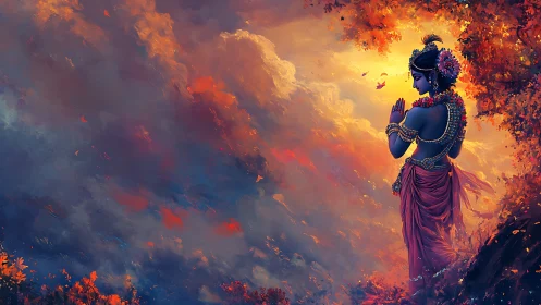 Luminous deity silhouette amid spectral sunset cloud strata.