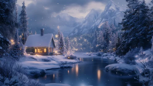 Cozy winter cabin glowing beside a calm starlit river.