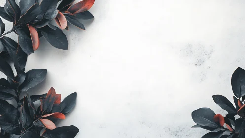 Dark foliage frames pale textured background with copy space