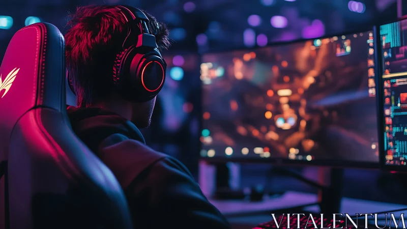 Esports gamer immersed in neon-lit dual-monitor battle scene.