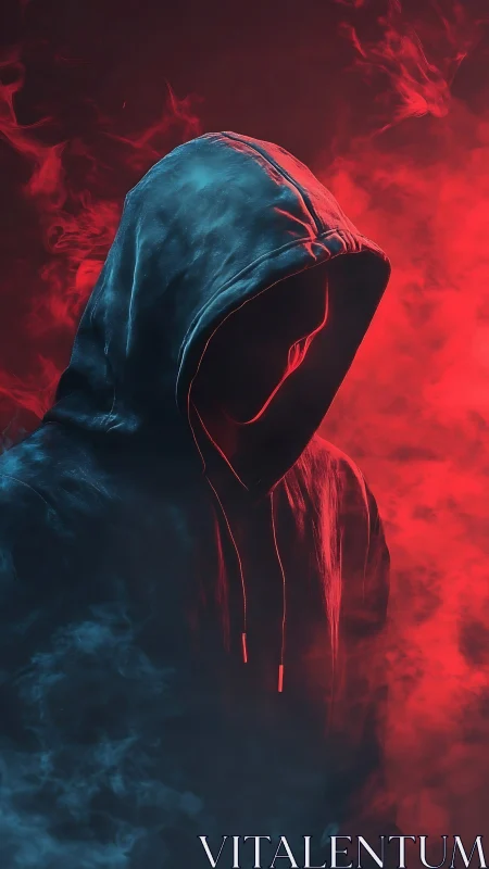 Hooded cyber figure emerges from neon smoke and shadow