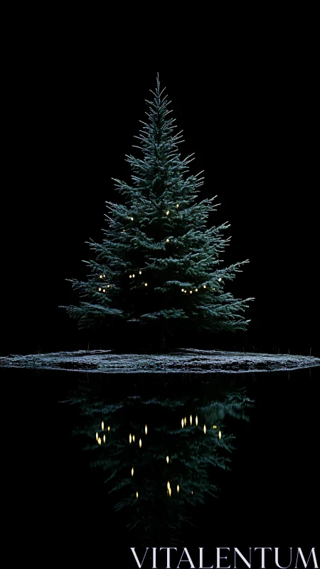 Snowy Christmas tree with reflection on dark water.