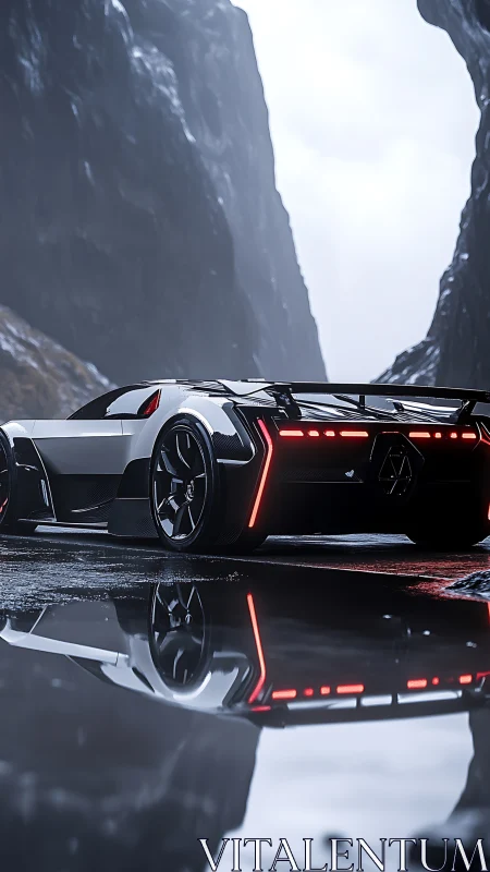 Futuristic supercar stands on wet mountain road in rain