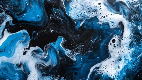 Blue and white fluid abstract pattern on black ground.