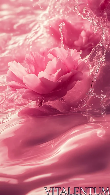 Pink Peony Submerged in Liquid Flow and Water Splash.