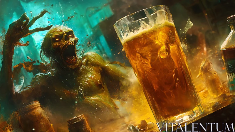 Fiery undead bar patron howls beside a glowing beer glass