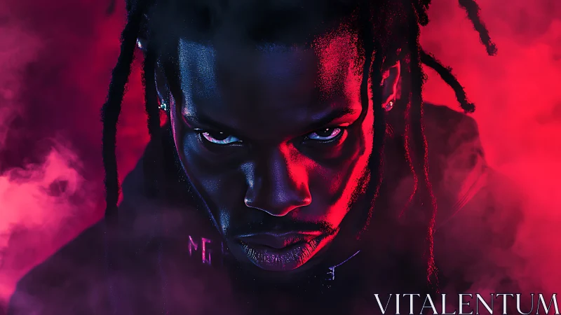 Intense neon portrait stares through swirling magenta haze