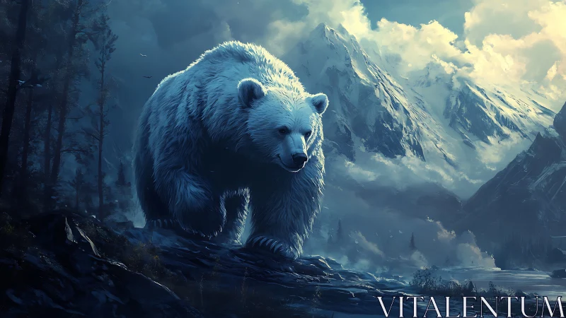 Majestic white bear roams a misty mountain wilderness at dusk