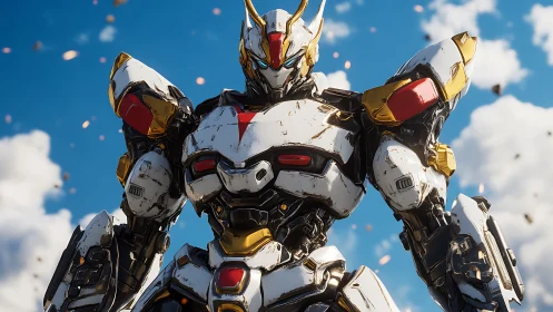 Skyborne mech paladin squares its gleaming shoulders to dawn