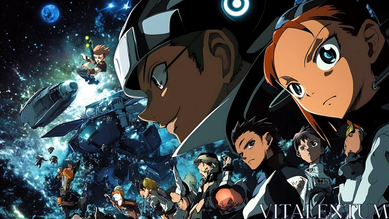 Ensemble of suited space crew with mech and shuttle in orbit.