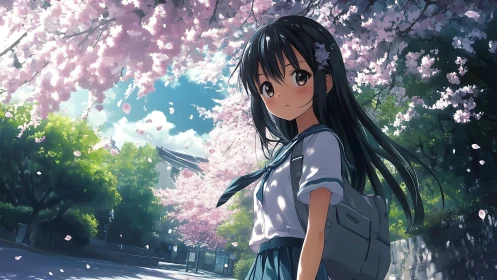 Gentle schoolgirl strolls beneath glowing cherry blossoms