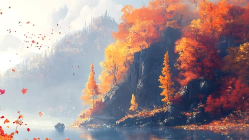 Autumn mountainside lake rendered with high dynamic color contrast