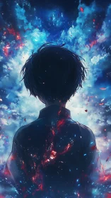 Silhouetted figure before cosmic cloud and light field.