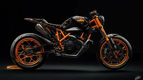 Orange-black custom street motorcycle under studio lighting.