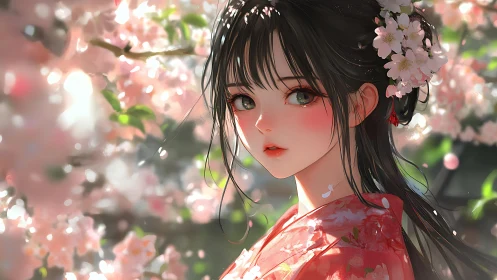 Spring kimono girl framed by luminous cherry blossoms.