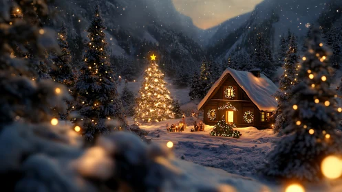 Snowy alpine cabin glows with warm festive Christmas lights