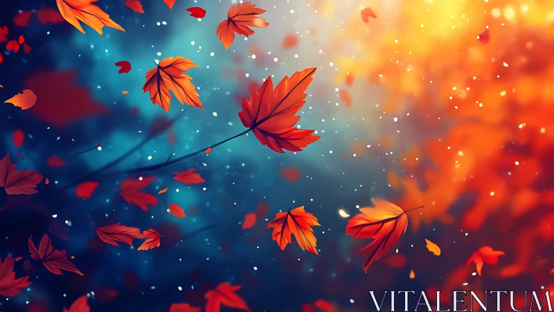 Autumn maple leaves in dynamic bokeh field with warm backlight