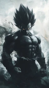 Shadow-charged anime warrior in stormy monochrome aura