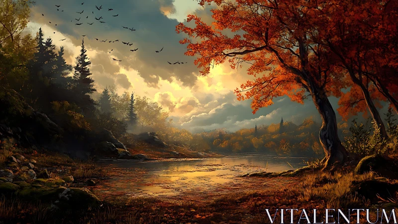 Autumn forest lake under dramatic sunset sky glow.