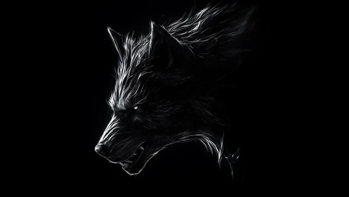 Moonless silver wolf erupts from darkness in razor light