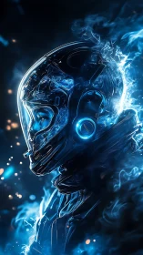 Futuristic soldier in glowing blue energy helmet profile.