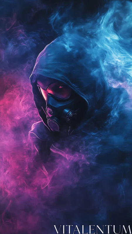 Hooded gas mask figure emerges from neon smoke clouds