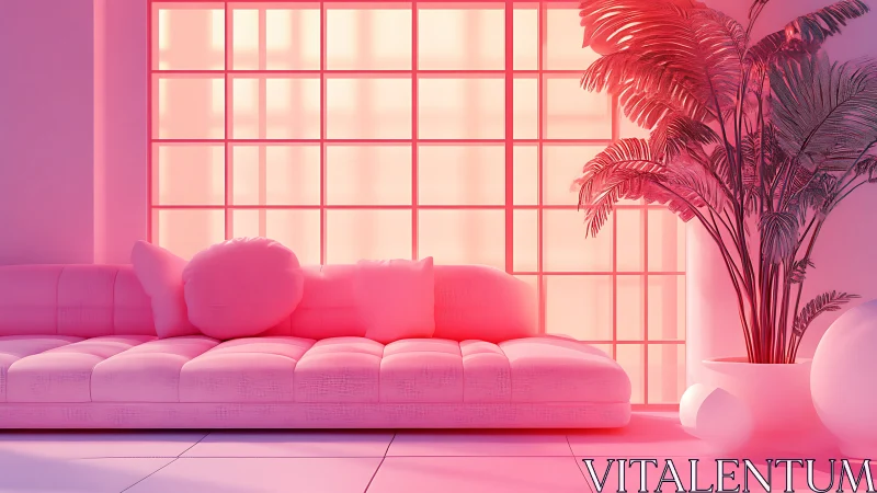 Pink neon lounge bathes modern sofa and plants in glow.