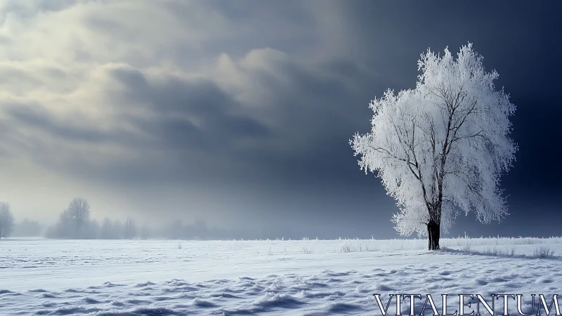 Solitary frosted tree stands in a vast winter field at dusk.