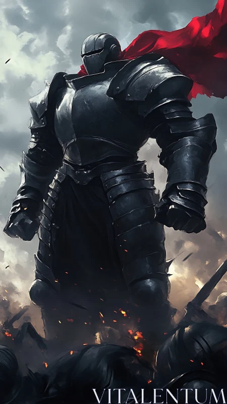 Armored dark knight stands triumphant above a burning battlefield