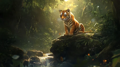 Young tiger cub watches butterfly over sunlit jungle stream